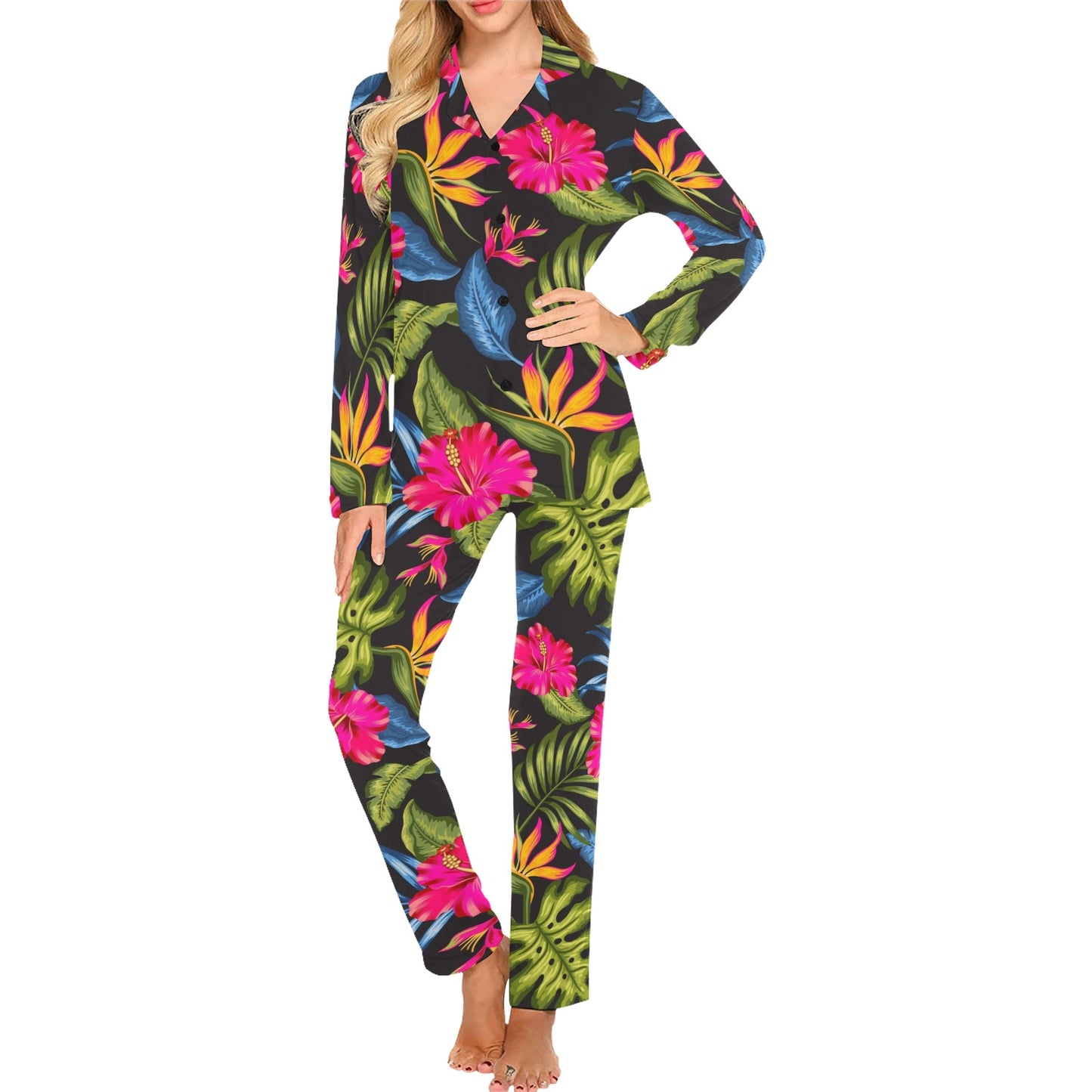 Bird Of Paradise Pattern Print Design BOP014 Women's Long Pajama Set
