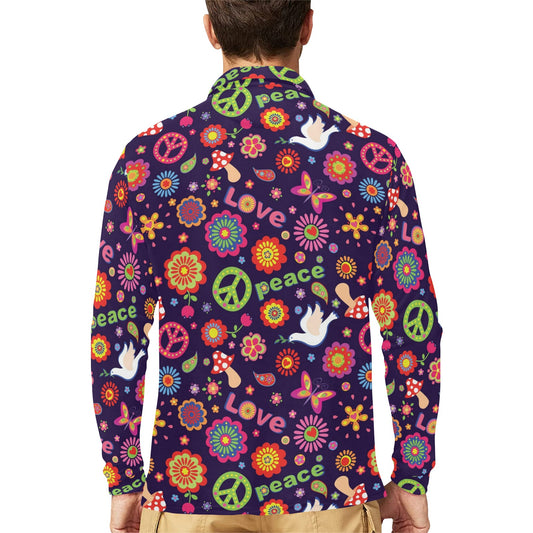 Flower Power Peace Design Print Long Sleeve Polo Shirt For Men's