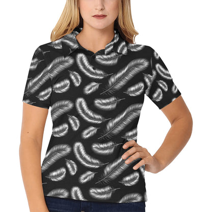 Feather Black White Design Print Women's Polo Shirt