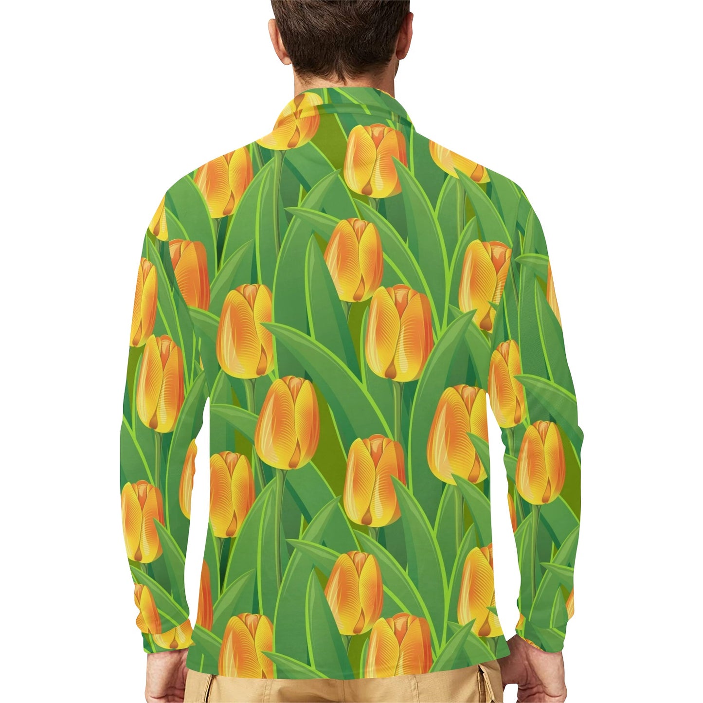 Tulip Orange Pattern Print Design TP07 Long Sleeve Polo Shirt For Men's