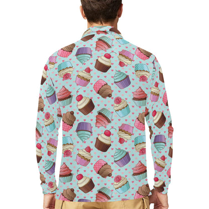 Cupcakes Fancy Heart Print Pattern Long Sleeve Polo Shirt For Men's