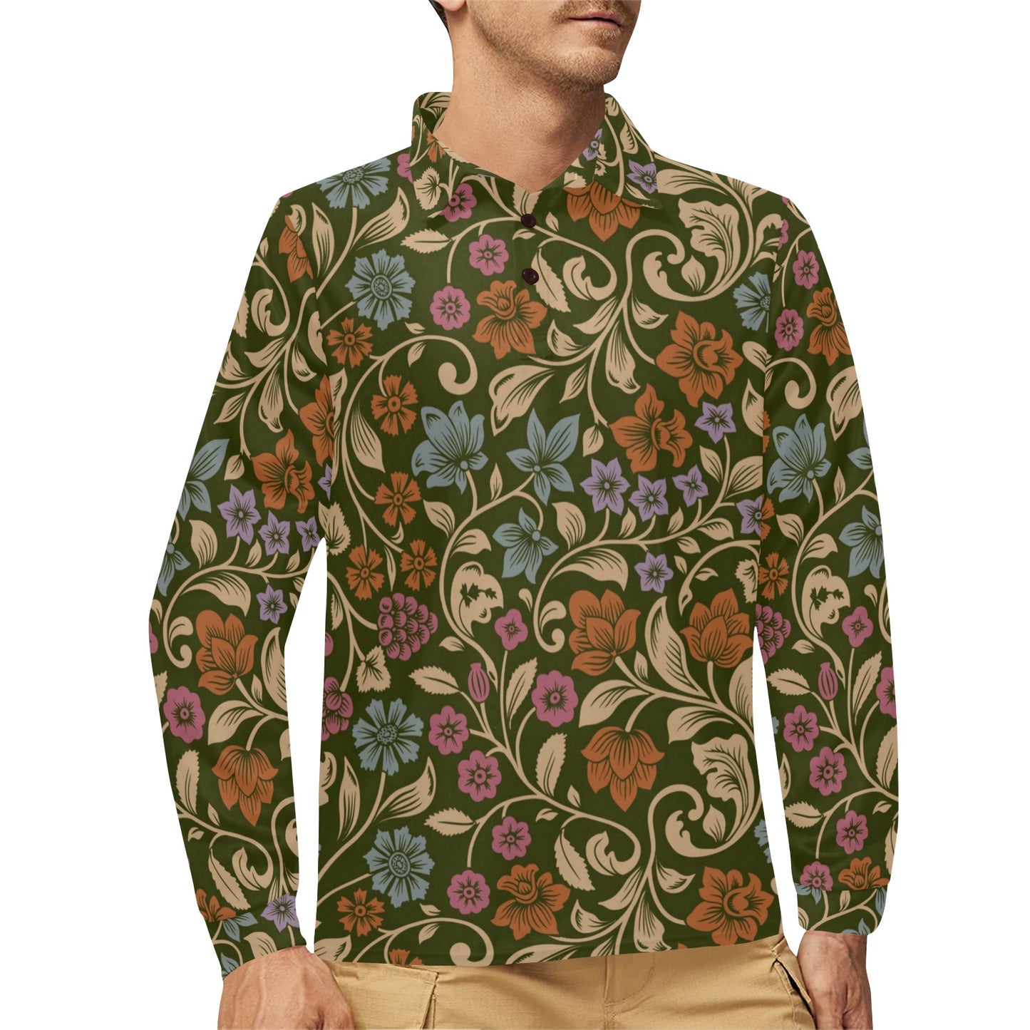 Floral Vintage Print Pattern Long Sleeve Polo Shirt For Men's