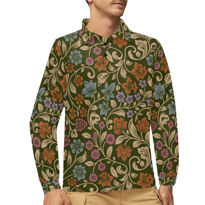 Floral Vintage Print Pattern Long Sleeve Polo Shirt For Men's