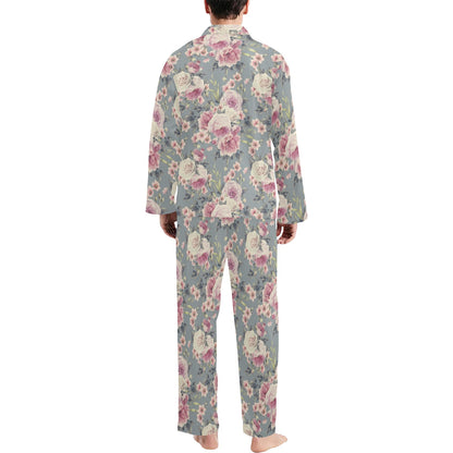 Peony Pattern Print Design PE05 Men's Long Pajama Set