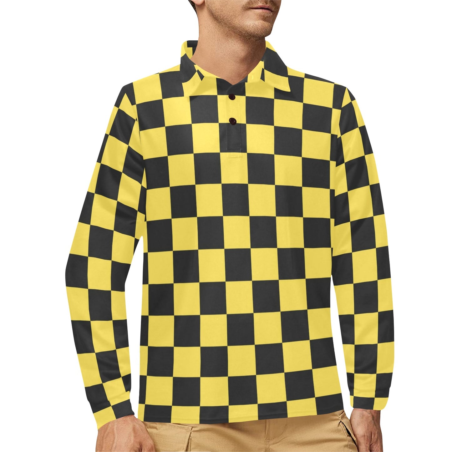 Checkered Yellow Pattern Print Design 03 Long Sleeve Polo Shirt For Men's