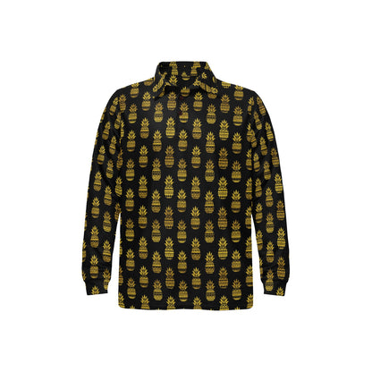 Pineapple Gold Tribal Style Print Long Sleeve Polo Shirt For Men's