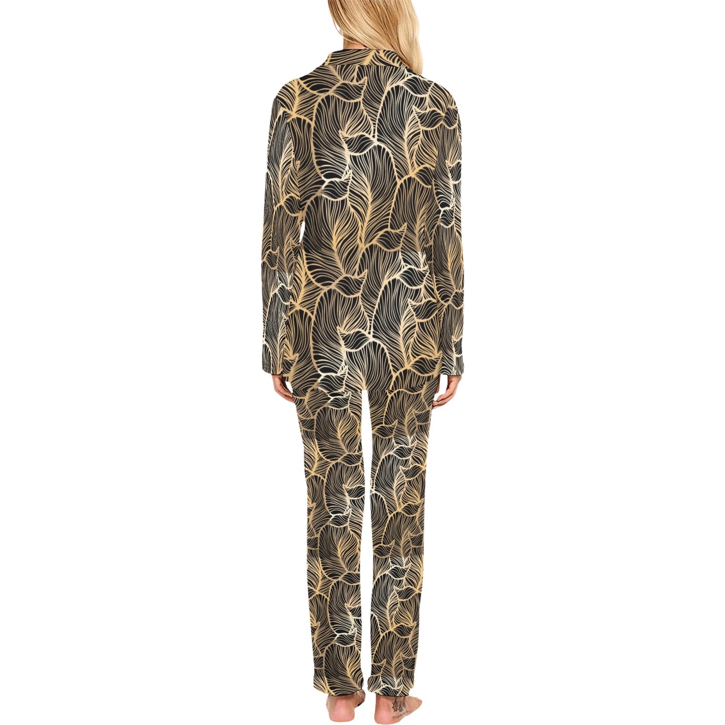Elegant Gold leaf Print Women's Long Pajama Set