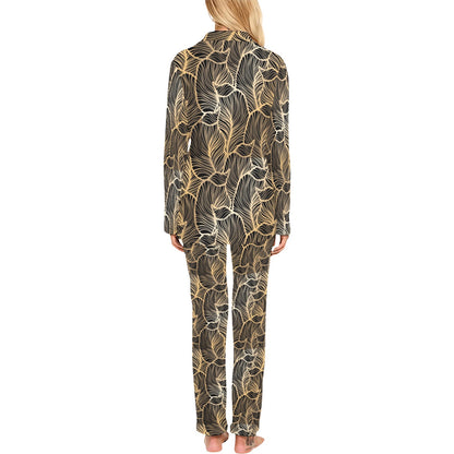 Elegant Gold leaf Print Women's Long Pajama Set