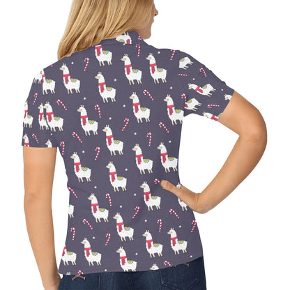 Llama with Candy Cane Themed Print Women's Polo Shirt