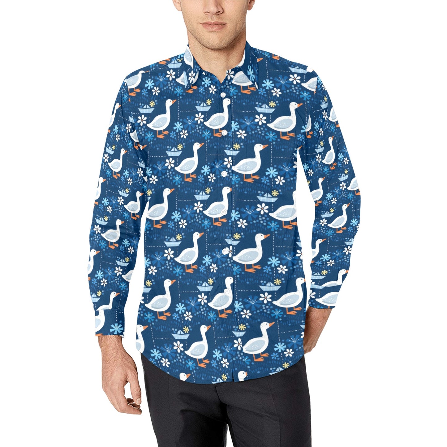 Goose Print Design LKS405 Men's Long Sleeve Dress Shirt