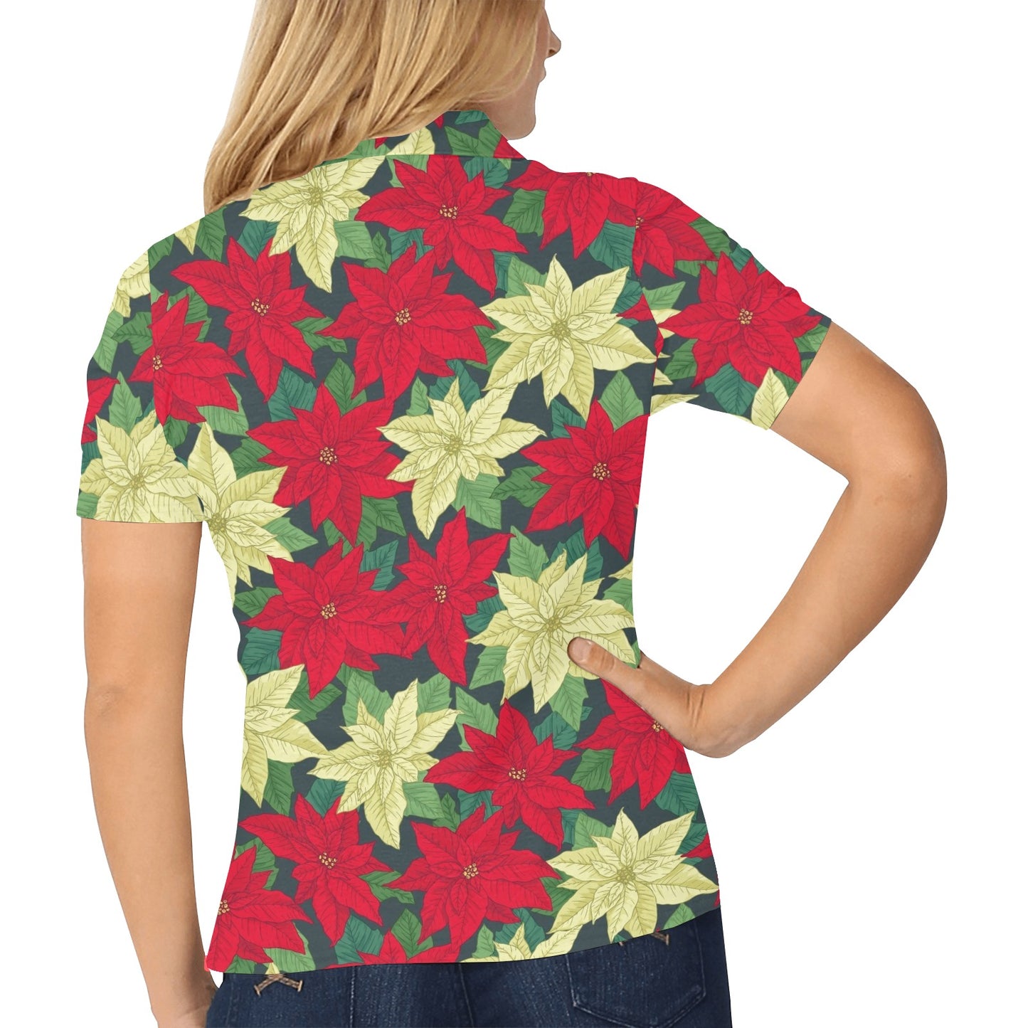 Poinsettia Pattern Print Design POT06 Women's Polo Shirt