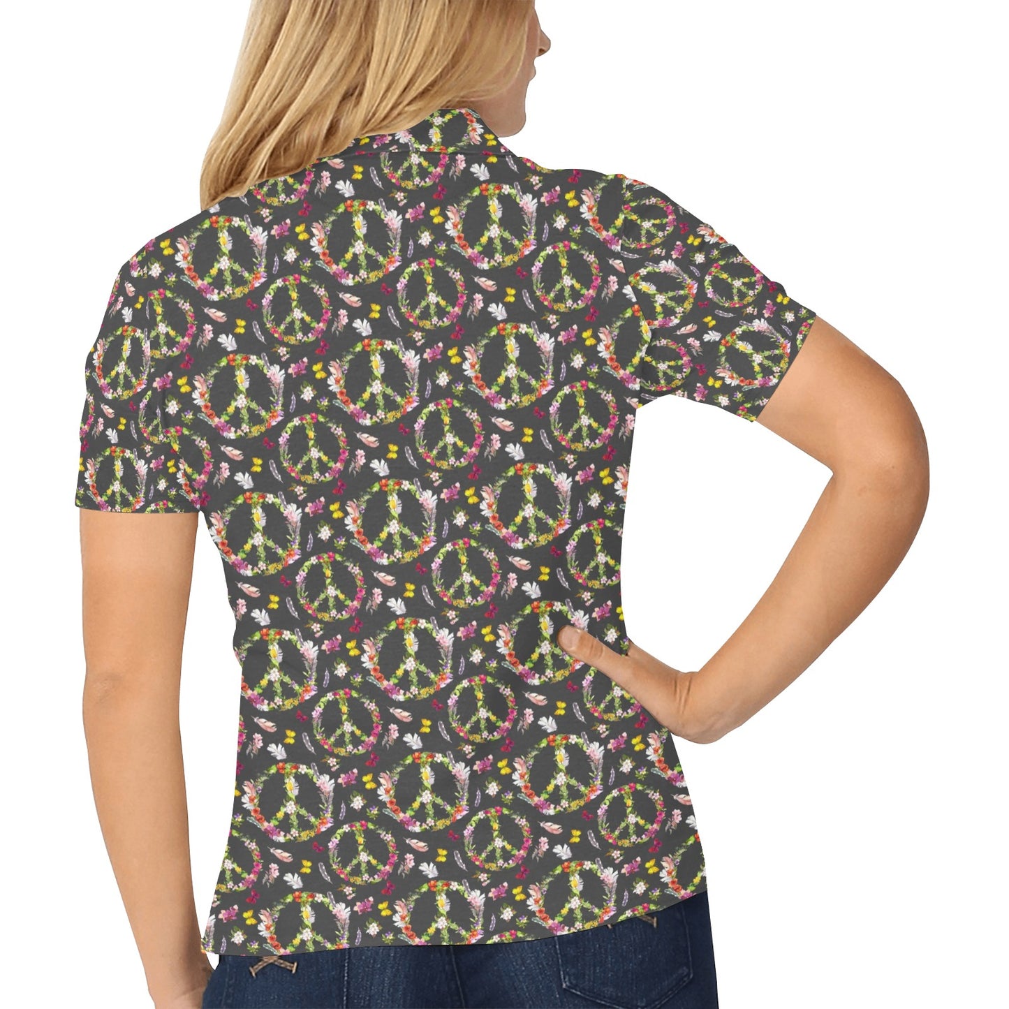 Peace Sign flowers Design Print Women's Polo Shirt