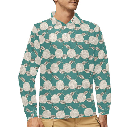 Hydrangea Pattern Print Design HD03 Long Sleeve Polo Shirt For Men's