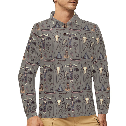 Native Indian life Design Print Long Sleeve Polo Shirt For Men's