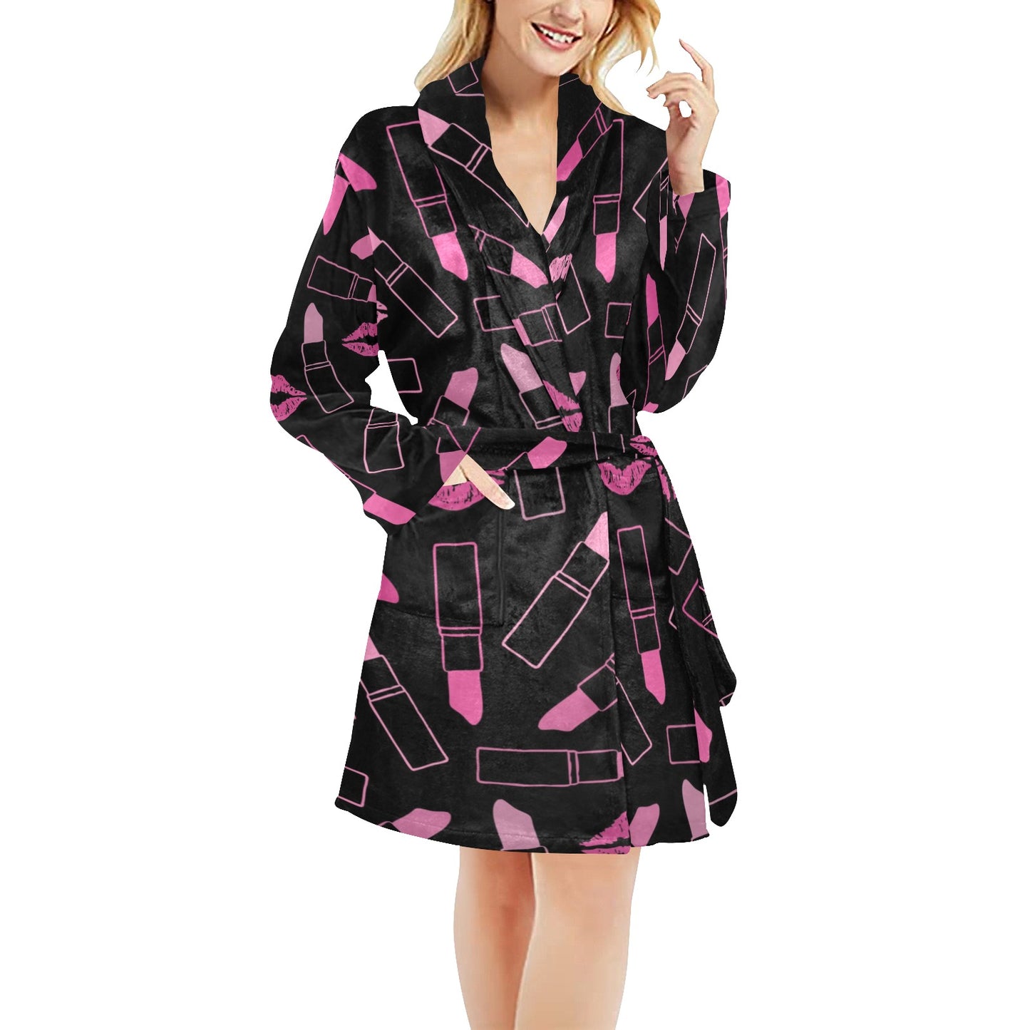 Lipstick Pink Pattern Print Design 01 Women's Fleece Robe