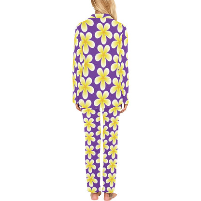 Yellow Plumeria Pattern Print Design PM05 Women's Long Pajama Set