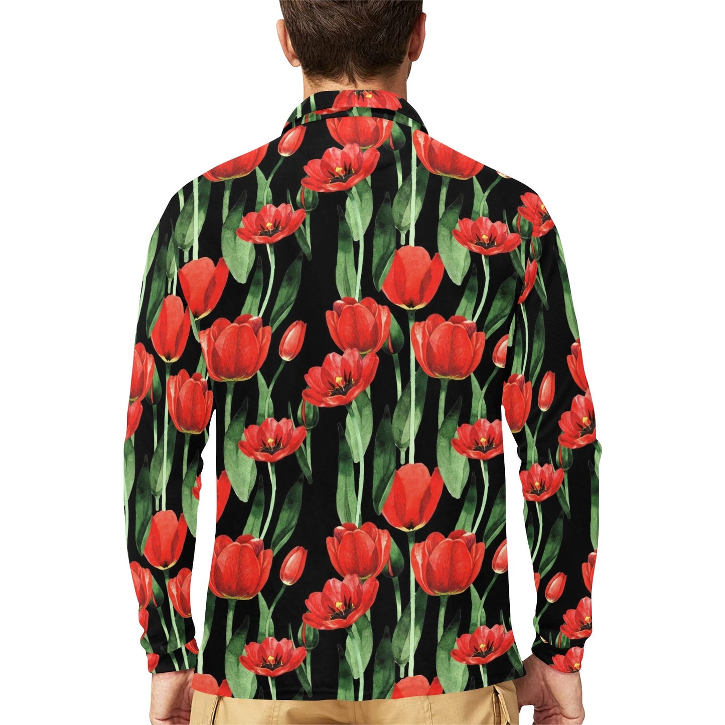 Tulip Red Pattern Print Design TP03 Long Sleeve Polo Shirt For Men's