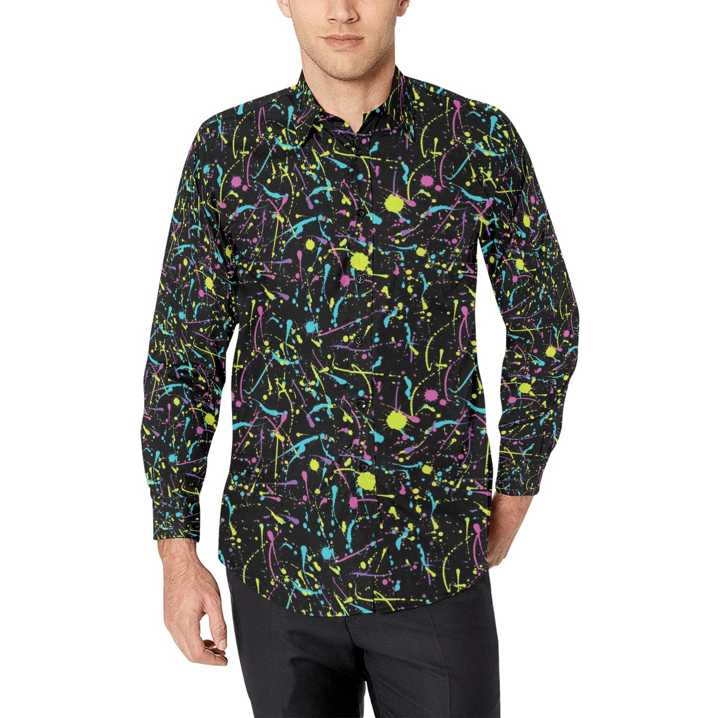 Splatter Multicolor Print Design LKS302 Men's Long Sleeve Dress Shirt