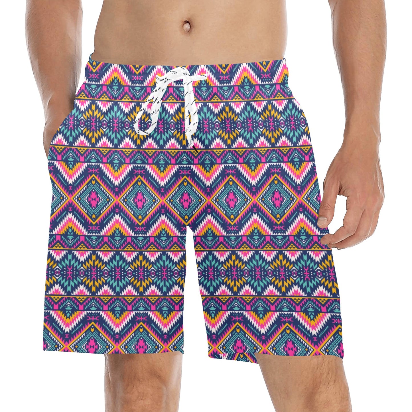 Indian Navajo Pink Themed Design Print Men's Swim Trunks Beach Shorts