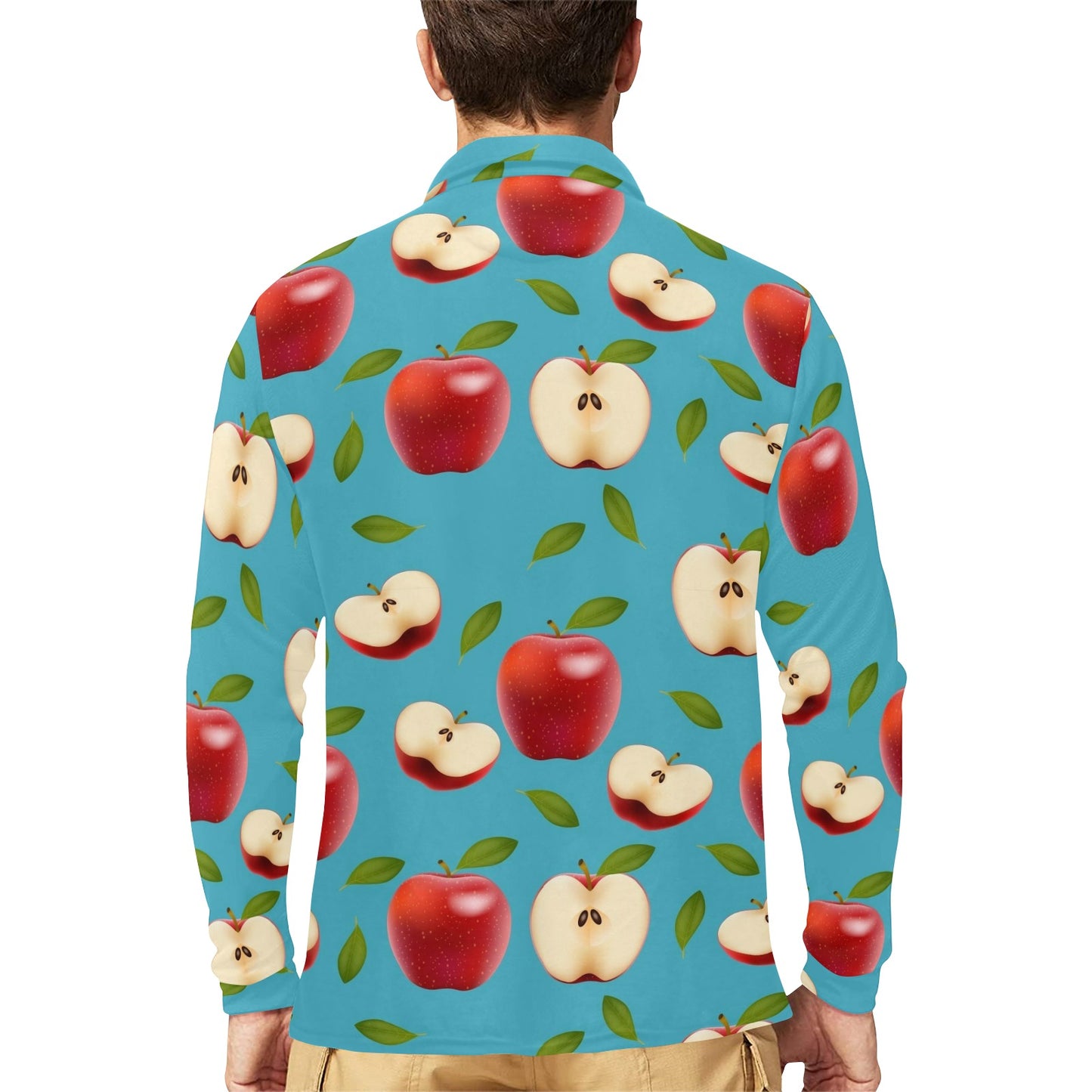 Apple Pattern Print Design AP012 Long Sleeve Polo Shirt For Men's