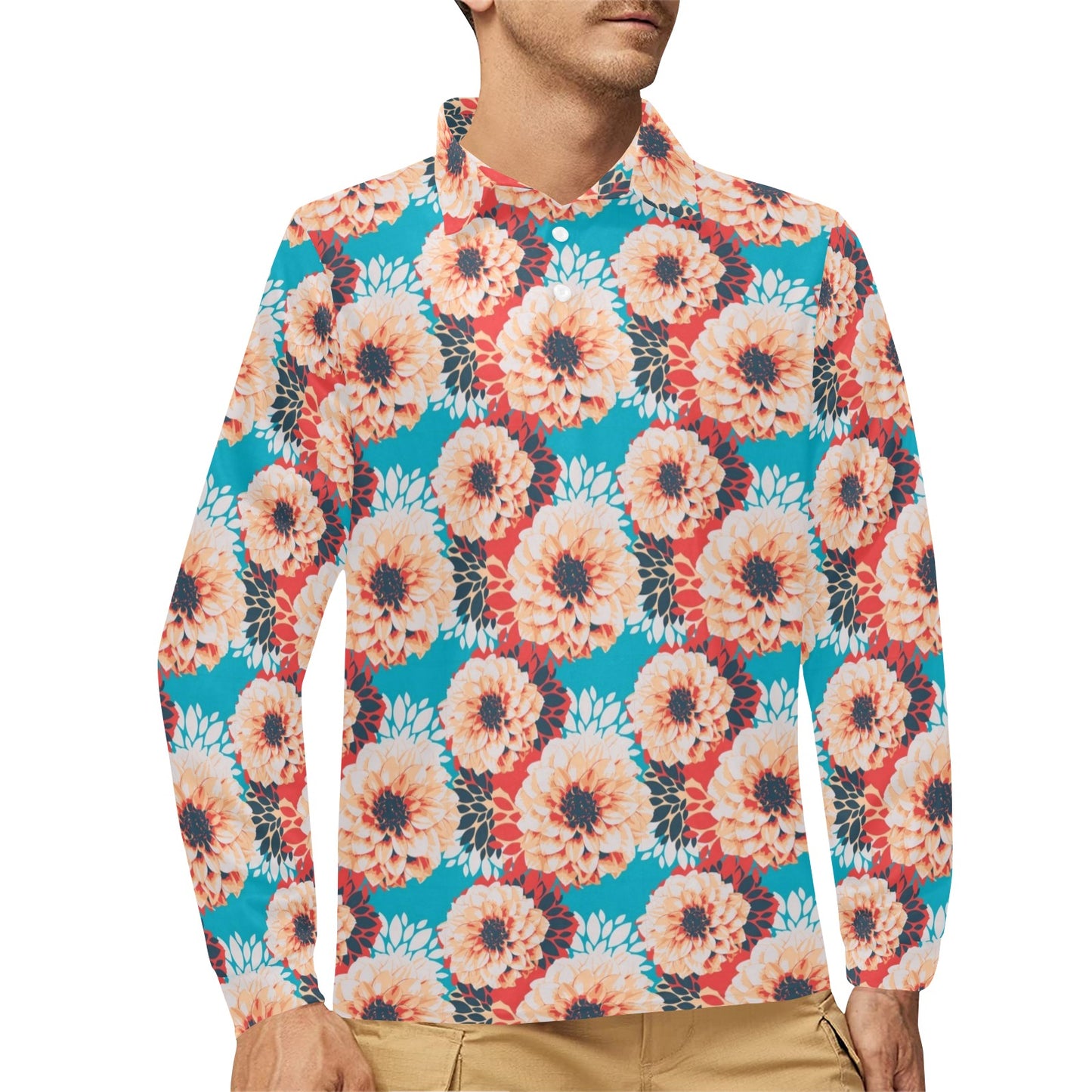 Dahlia Pattern Print Design DH05 Long Sleeve Polo Shirt For Men's