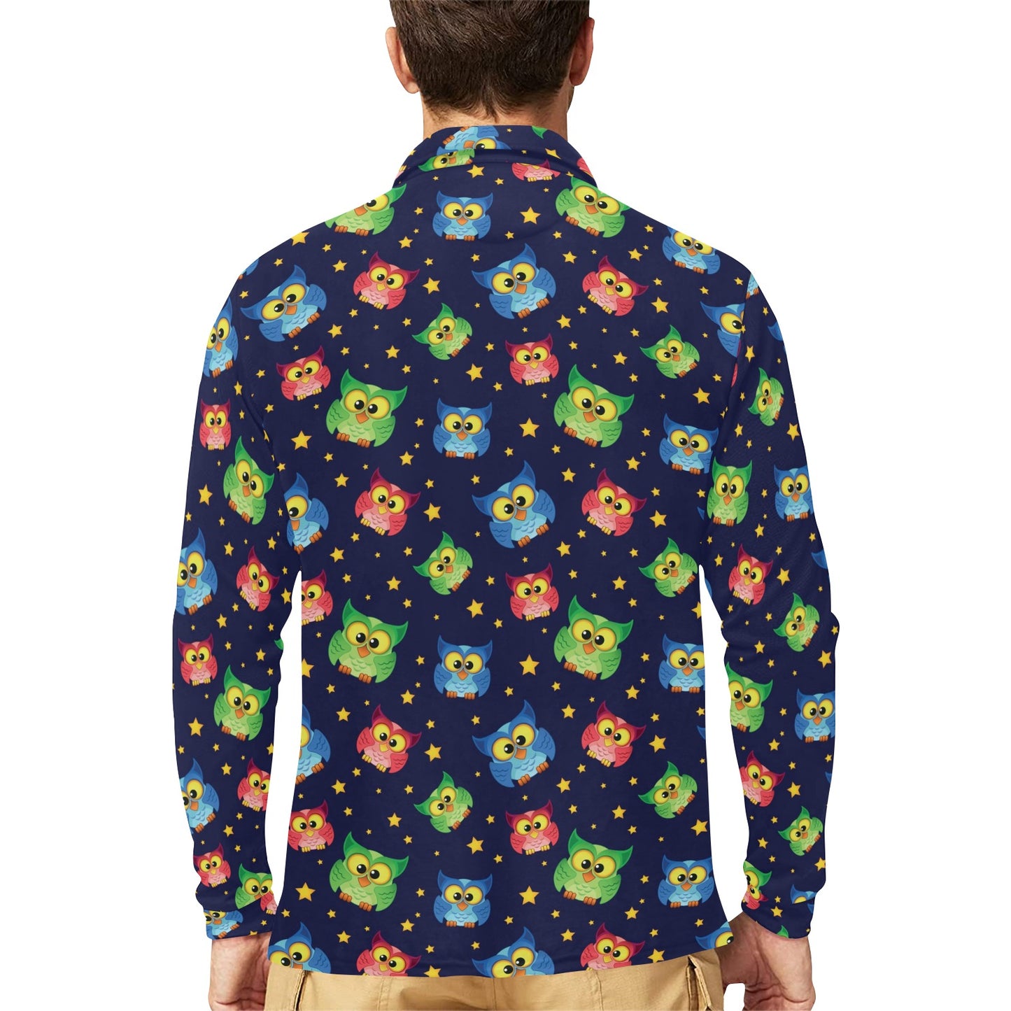 Owl with Star Themed Design Print Long Sleeve Polo Shirt For Men's
