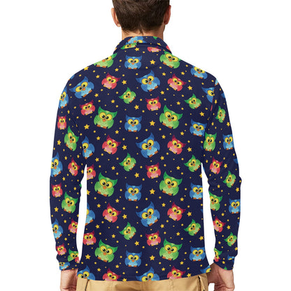 Owl with Star Themed Design Print Long Sleeve Polo Shirt For Men's