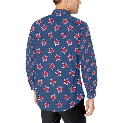 Star Red Blue Print Design LKS301 Men's Long Sleeve Dress Shirt