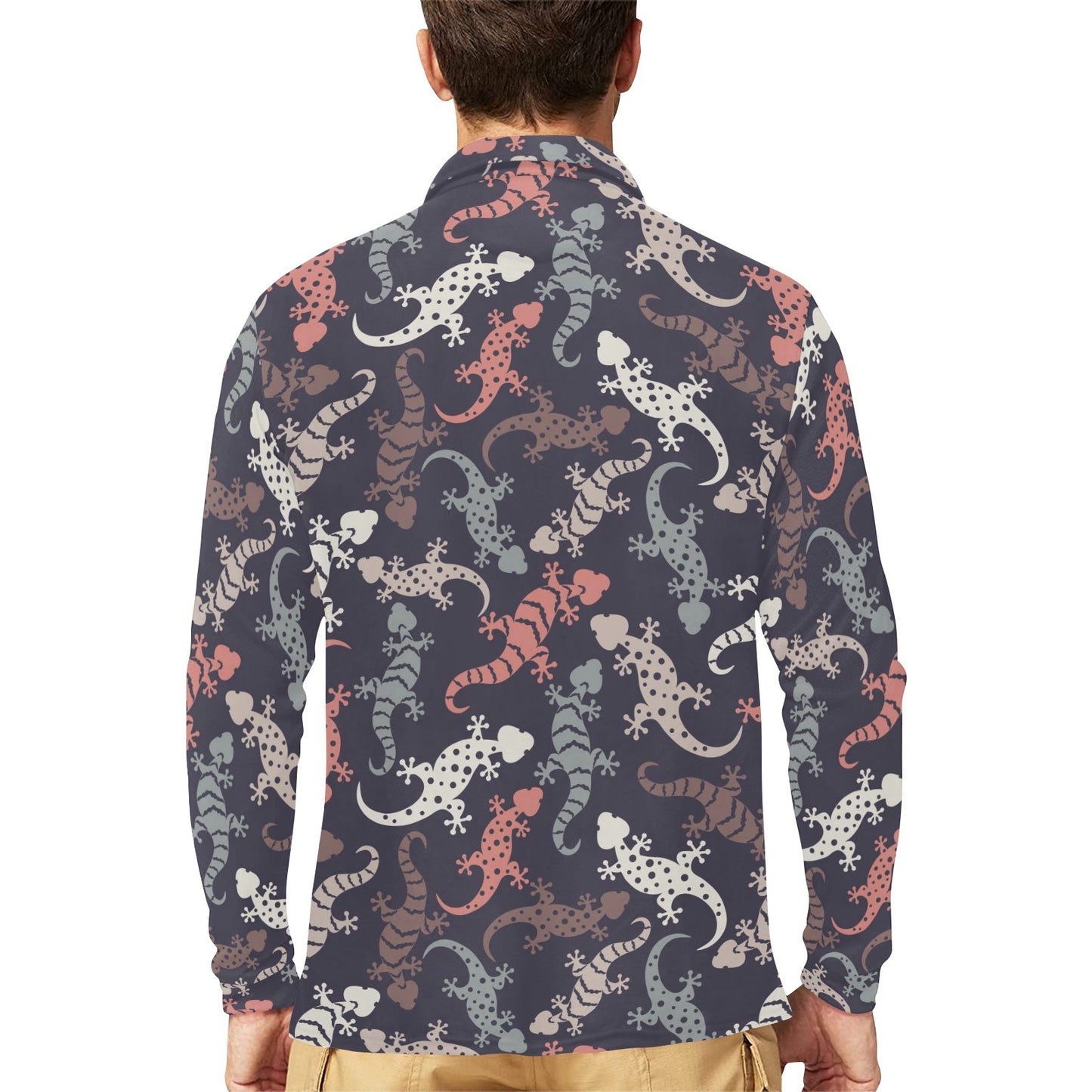 Gecko Pattern Print Design 02 Long Sleeve Polo Shirt For Men's