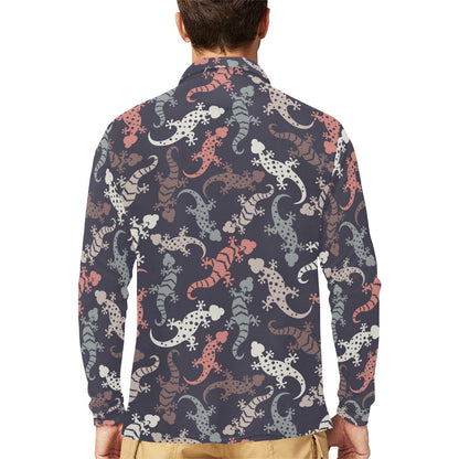 Gecko Pattern Print Design 02 Long Sleeve Polo Shirt For Men's