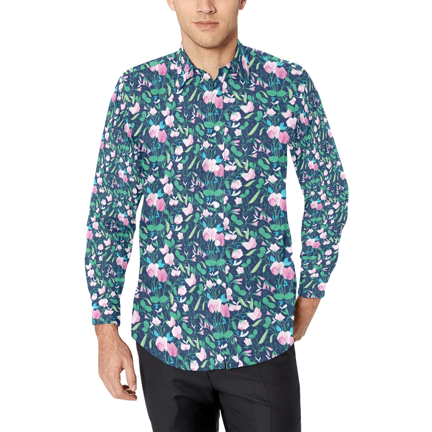 Sweet Pea Print Design LKS303 Men's Long Sleeve Dress Shirt