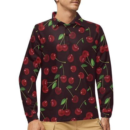 Cherry Fresh Pattern Long Sleeve Polo Shirt For Men's