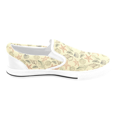 Seashell Print Design LKS305 White Slip Ons Canvas Women's Shoes