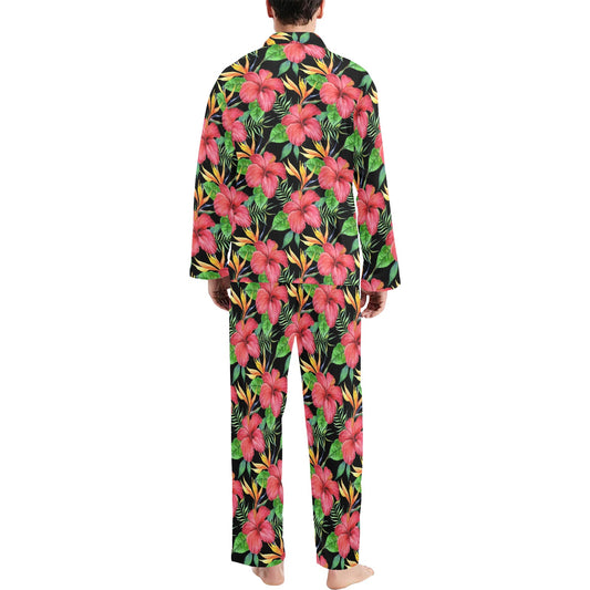 Red Hibiscus Pattern Print Design HB07 Men's Long Pajama Set