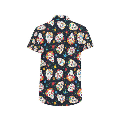 Sugar Skull Print Design LKS305 Men Short Sleeve Button Up Shirt