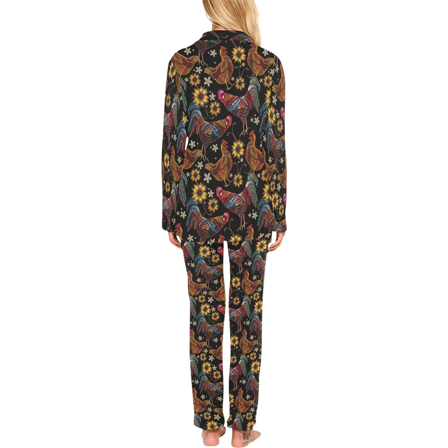 Chicken Embroidery Style Women's Long Pajama Set