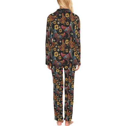 Chicken Embroidery Style Women's Long Pajama Set