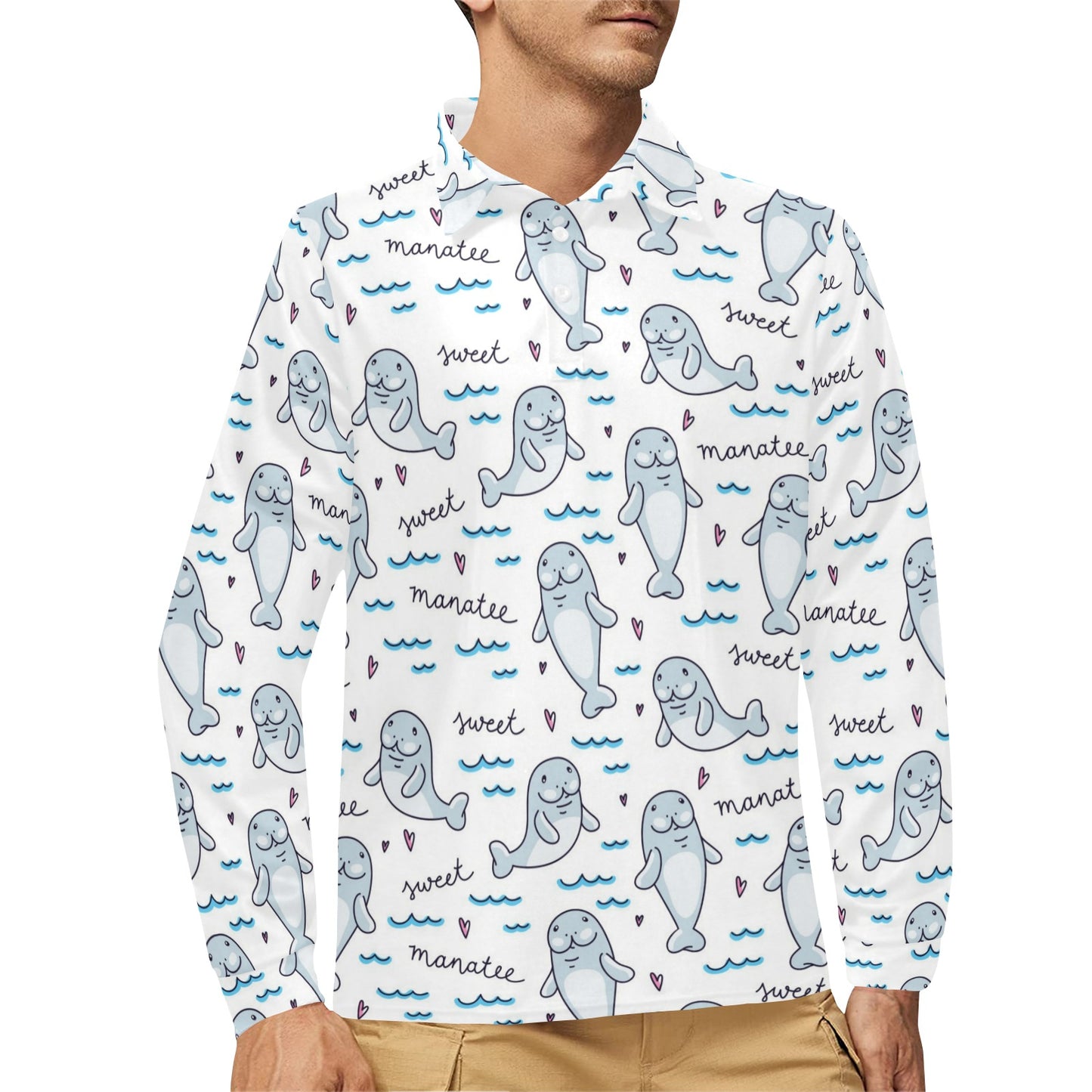 Manatee Baby Pattern Print Design 03 Long Sleeve Polo Shirt For Men's