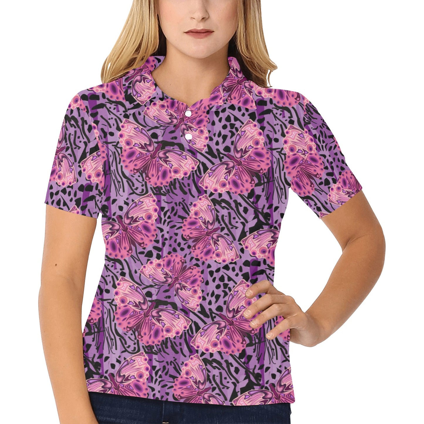 Purple Butterfly Leopard Women's Polo Shirt