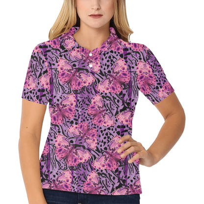 Purple Butterfly Leopard Women's Polo Shirt