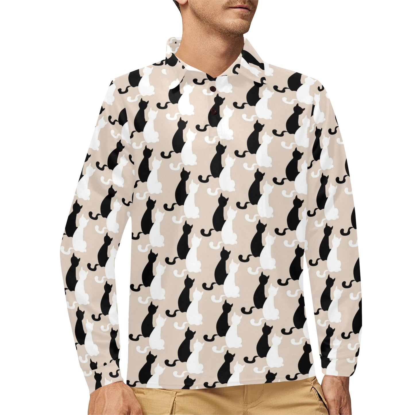 Cat Pattern Print Design 04 Long Sleeve Polo Shirt For Men's
