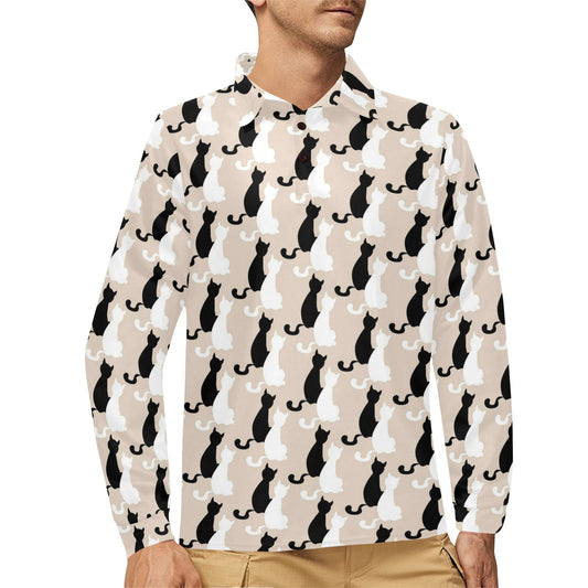 Cat Pattern Print Design 04 Long Sleeve Polo Shirt For Men's