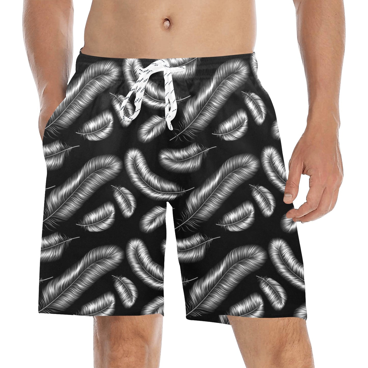 Feather Black White Design Print Men's Swim Trunks Beach Shorts