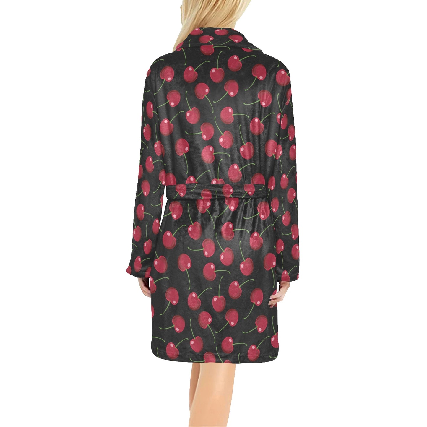 Cherry Black Background Women's Fleece Robe