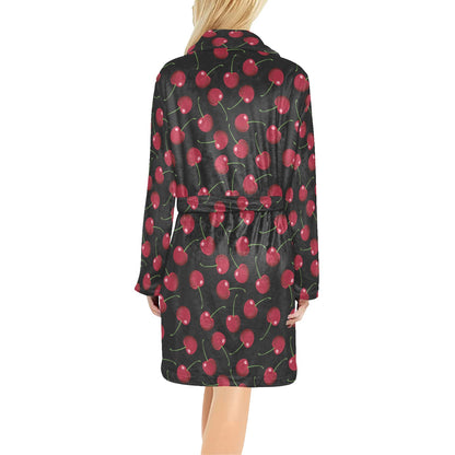 Cherry Black Background Women's Fleece Robe