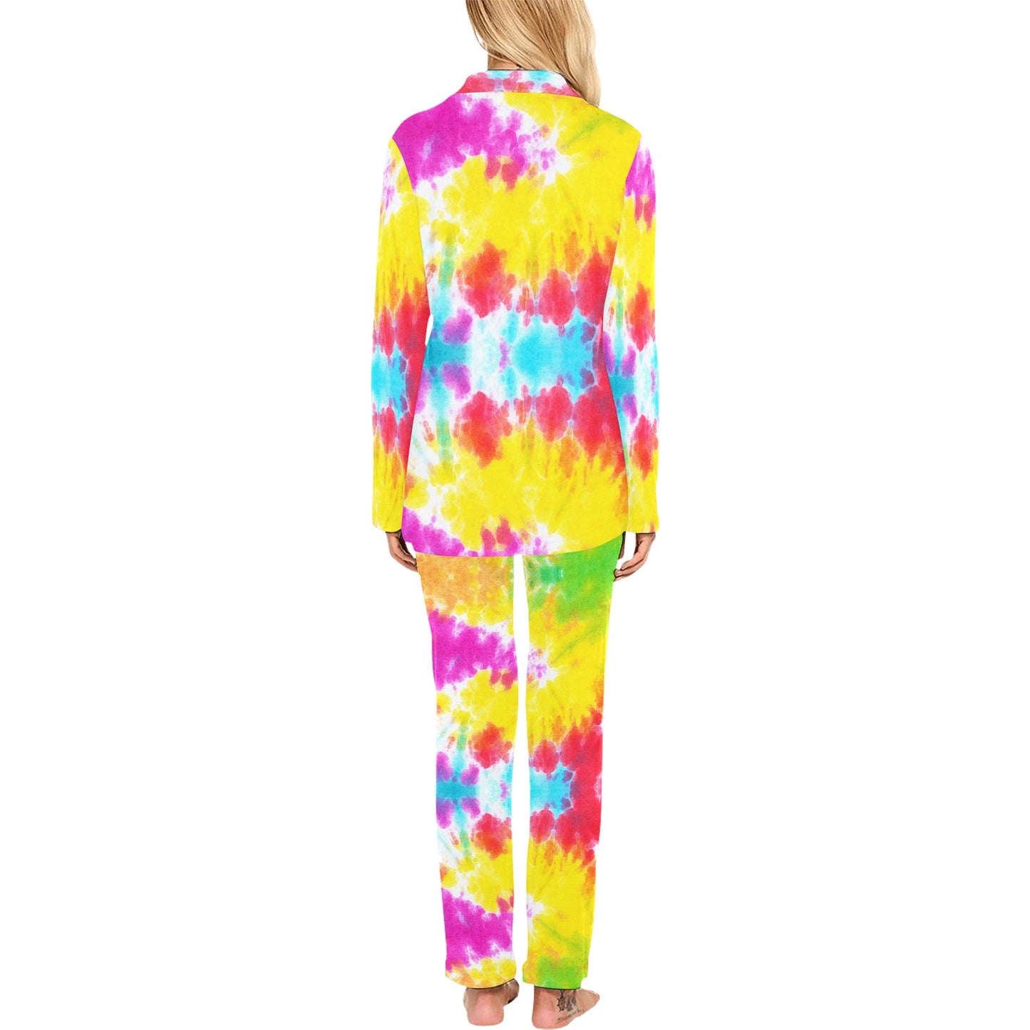 Tie Dye Rainbow Themed Print Women's Long Pajama Set