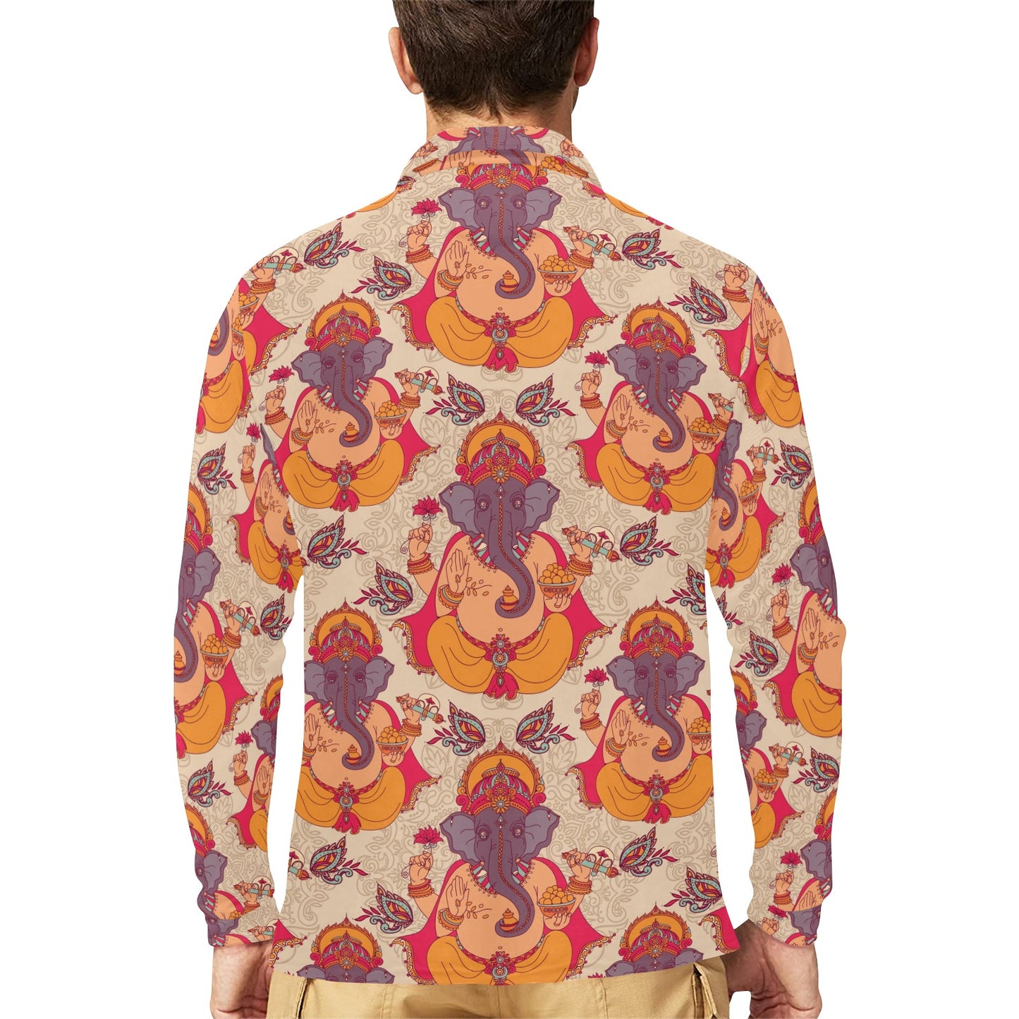 Ganesha Indian Pattern Print Design 02 Long Sleeve Polo Shirt For Men's