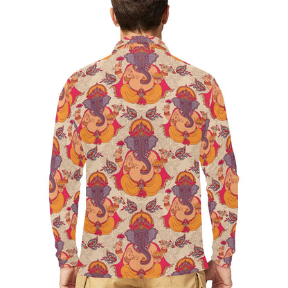Ganesha Indian Pattern Print Design 02 Long Sleeve Polo Shirt For Men's