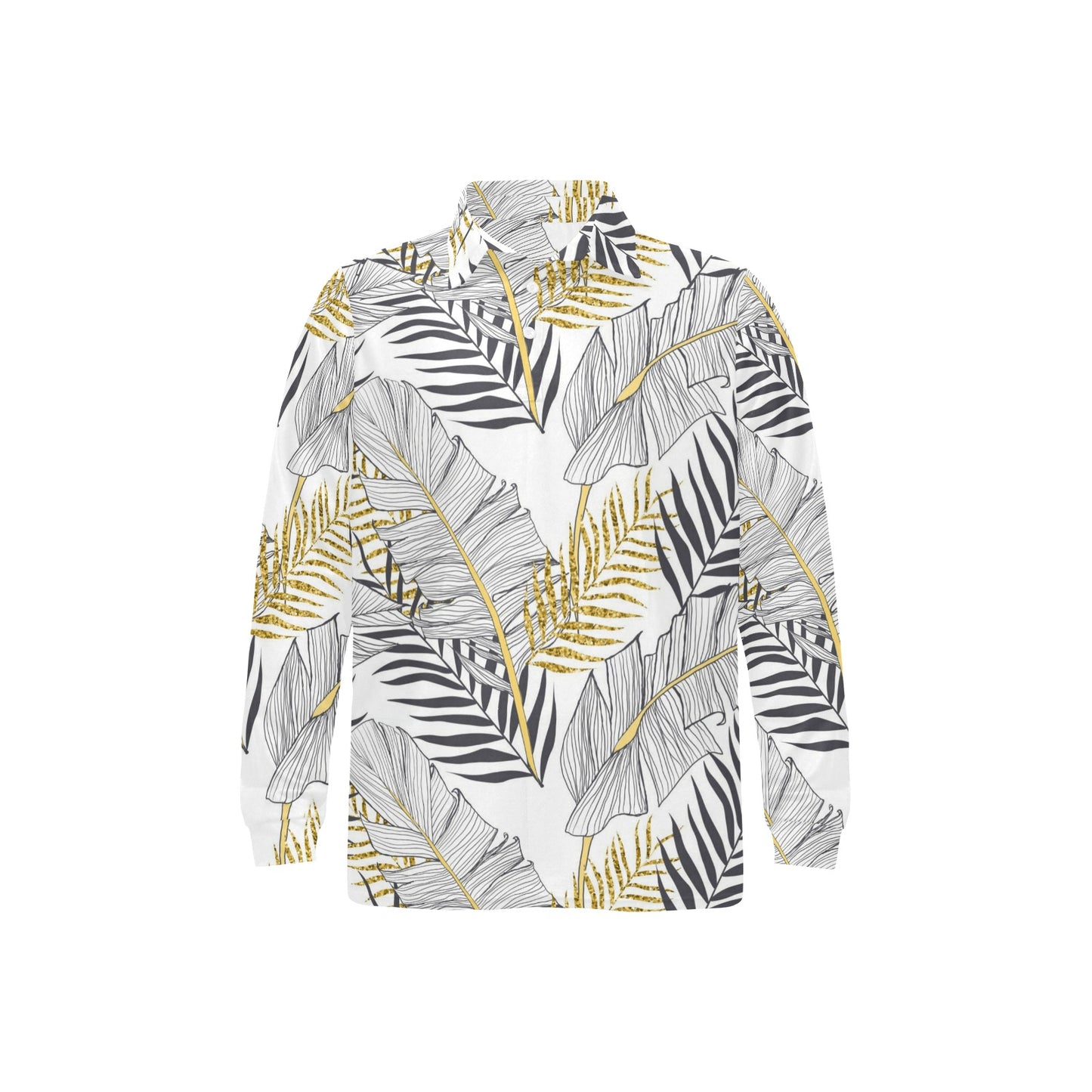 Gold Glitter Tropical Palm Leaves Long Sleeve Polo Shirt For Men's