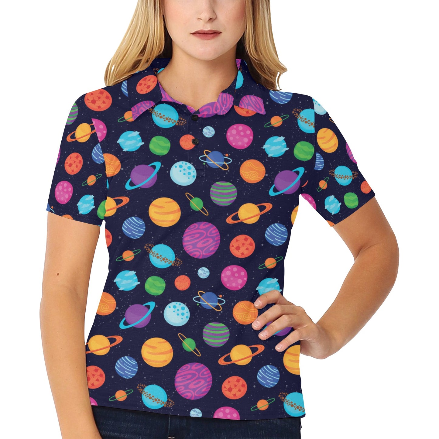 Planet Multicolor Print Design LKS302 Women's Polo Shirt